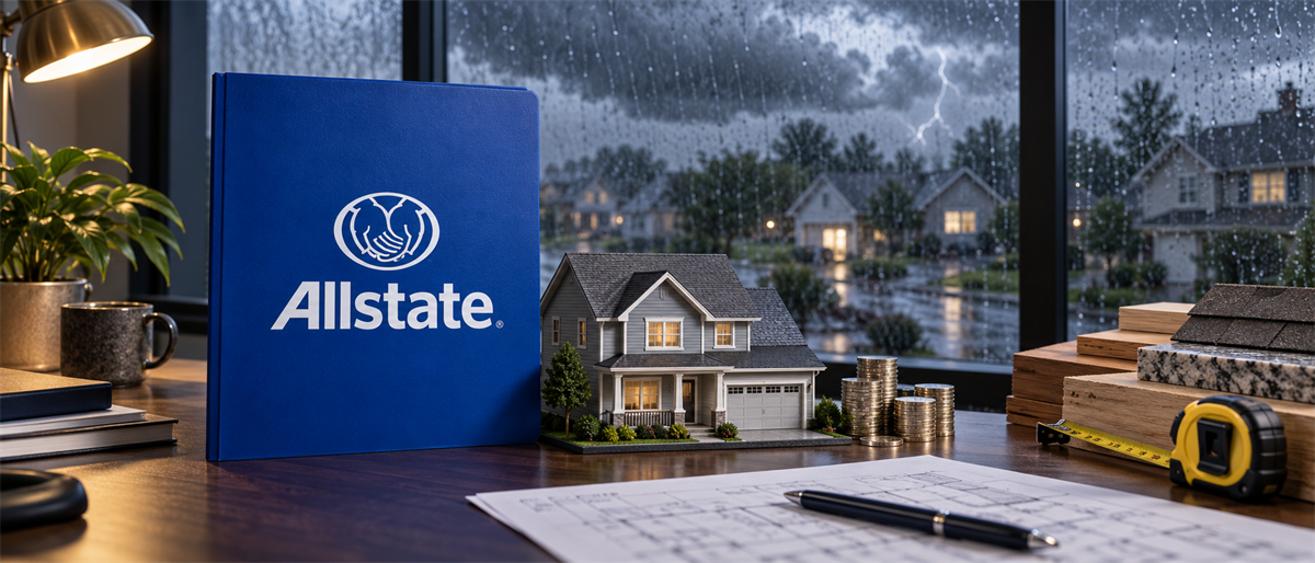 Allstate logo binder beside a model house, coin stacks, and blueprints, with a storm visible outside a window.