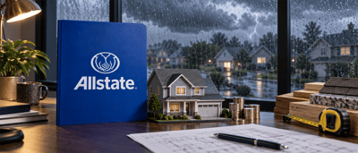 Allstate logo binder beside a model house, coin stacks, and blueprints, with a storm visible outside a window.