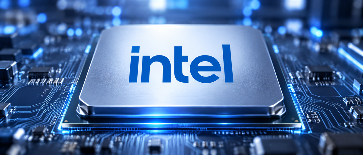 Intel logo displayed on a computer chip embedded in an illuminated blue circuit board.