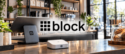 Block logo overlaid on a coffee shop counter with a Square point-of-sale terminal and card reader.