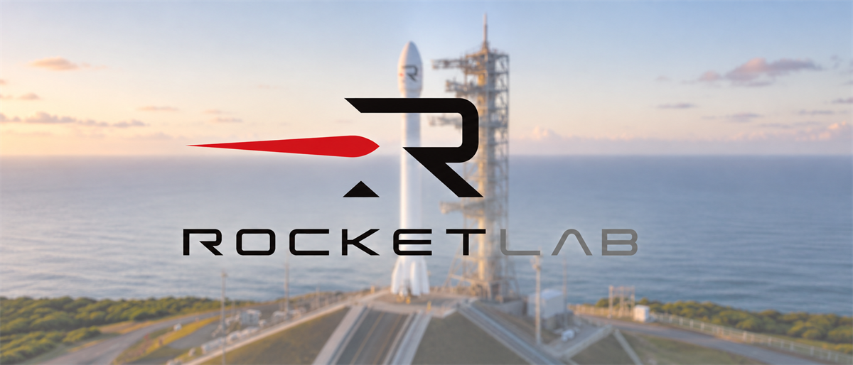 Rocket Lab logo overlaid on a rocket standing on a launch pad near the ocean.