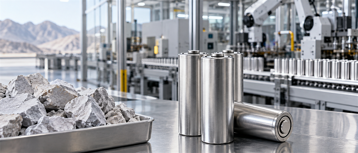 Cylindrical lithium-ion battery cells and raw mineral ore on a table inside a battery manufacturing facility.