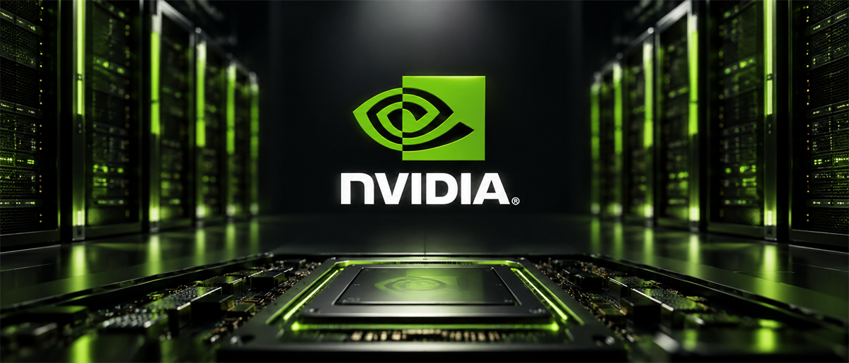 Nvidia logo displayed above a computer chip, flanked by server racks in a darkened data center.