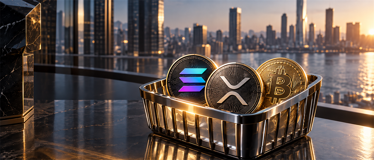A metal basket holds coins representing Solana, XRP, and Bitcoin on a table overlooking a city skyline.