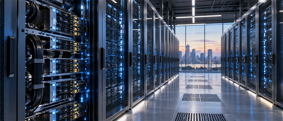 Rows of server racks with illuminated blue lights in a data center, with a city skyline visible through windows.