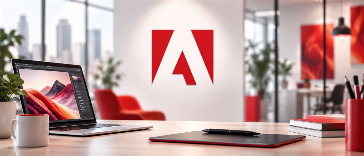Adobe logo displayed on a wall behind an office desk with a laptop, notebook, and pens.