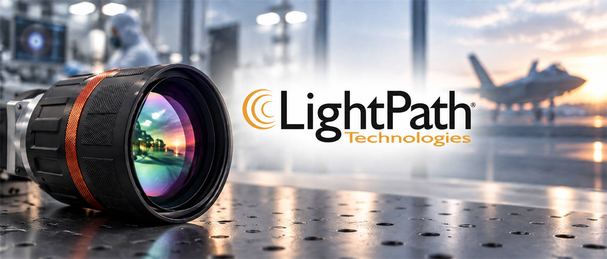LightPath Technologies logo beside an optical lens, with a cleanroom worker and military jet blurred in the background.