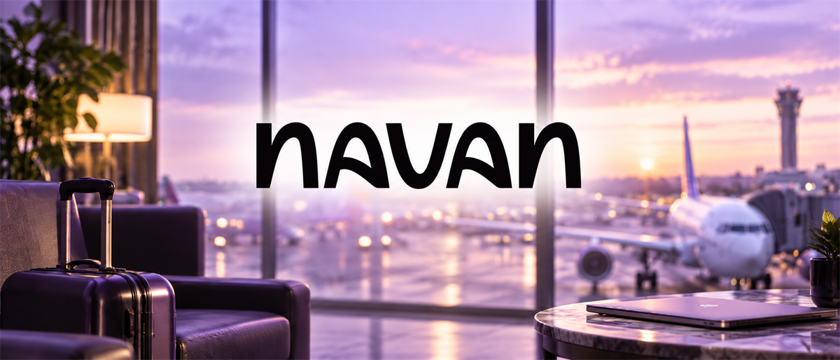 Navan logo overlaid on an airport lounge scene with a suitcase, laptop, and airplane visible through windows.