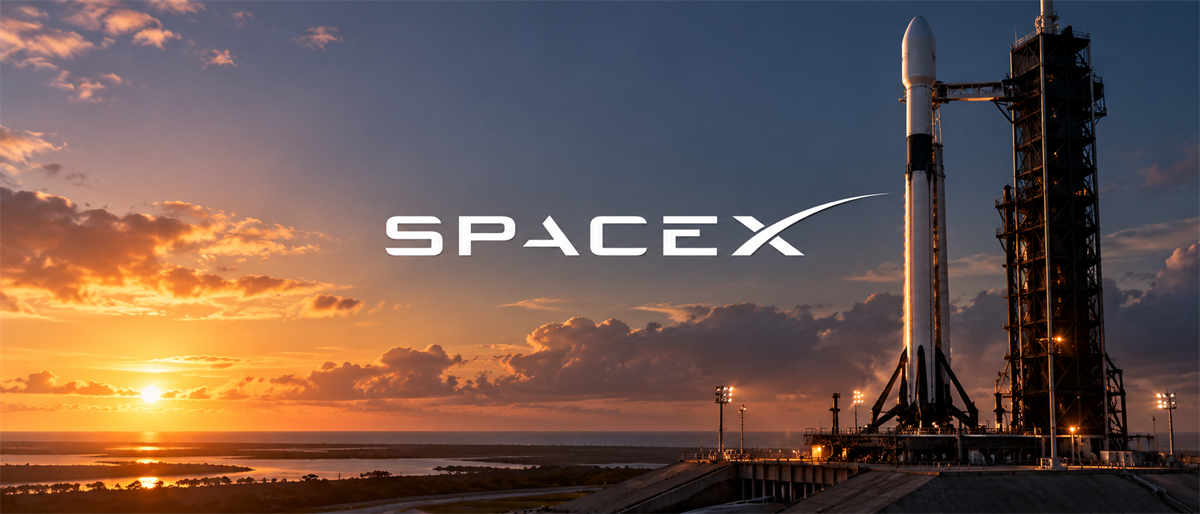 SpaceX logo beside a rocket on a launch pad at sunset, with support tower and coastal horizon.