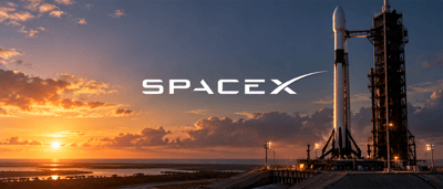 SpaceX logo beside a rocket on a launch pad at sunset, with support tower and coastal horizon.