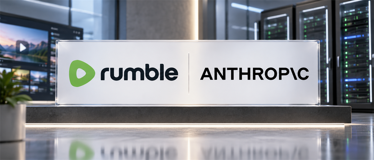 Display sign showing the Rumble and Anthropic logos side by side in a data center setting.