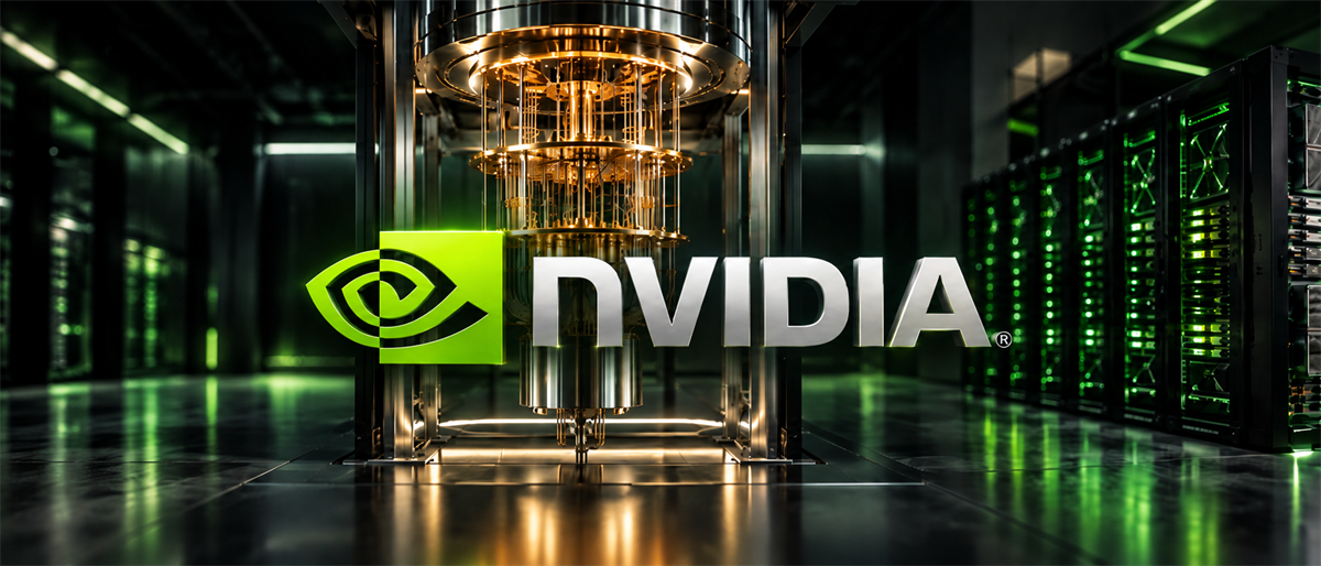 Nvidia logo displayed in front of a quantum computing chandelier and server racks in a data center.
