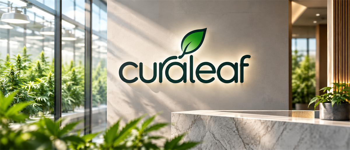 Curaleaf logo illuminated on a lobby wall, with cannabis plants visible through windows in the background.