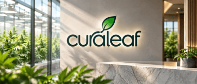 Curaleaf logo illuminated on a lobby wall, with cannabis plants visible through windows in the background.