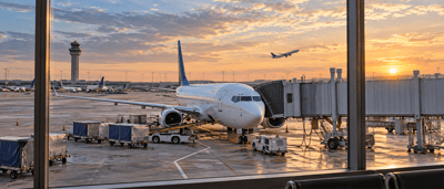 Airport terminal view of a passenger jet parked at a gate with cargo carts and another plane taking off at sunset.