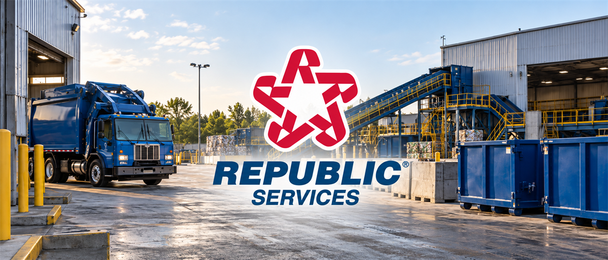 Republic Services logo overlaid on a waste collection truck and recycling facility with blue containers.