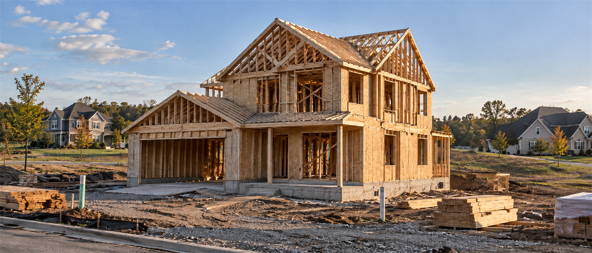 Wood-framed house under construction in a residential neighborhood, with lumber stacked nearby and completed homes in the background.