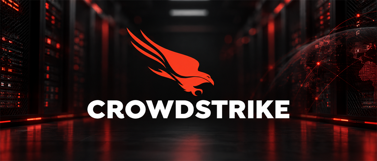 CrowdStrike logo, featuring a red falcon icon, displayed against a server data center corridor background.