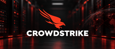 CrowdStrike logo, featuring a red falcon icon, displayed against a server data center corridor background.