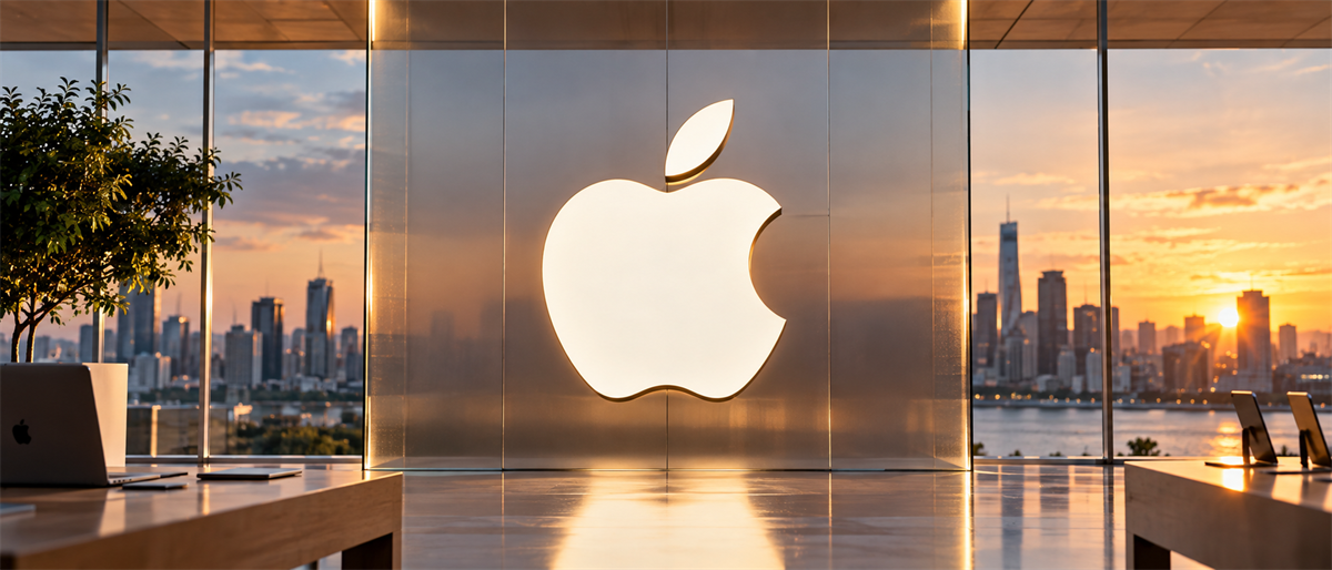 Illuminated Apple logo on a glass wall inside a store, with a city skyline visible at sunset.
