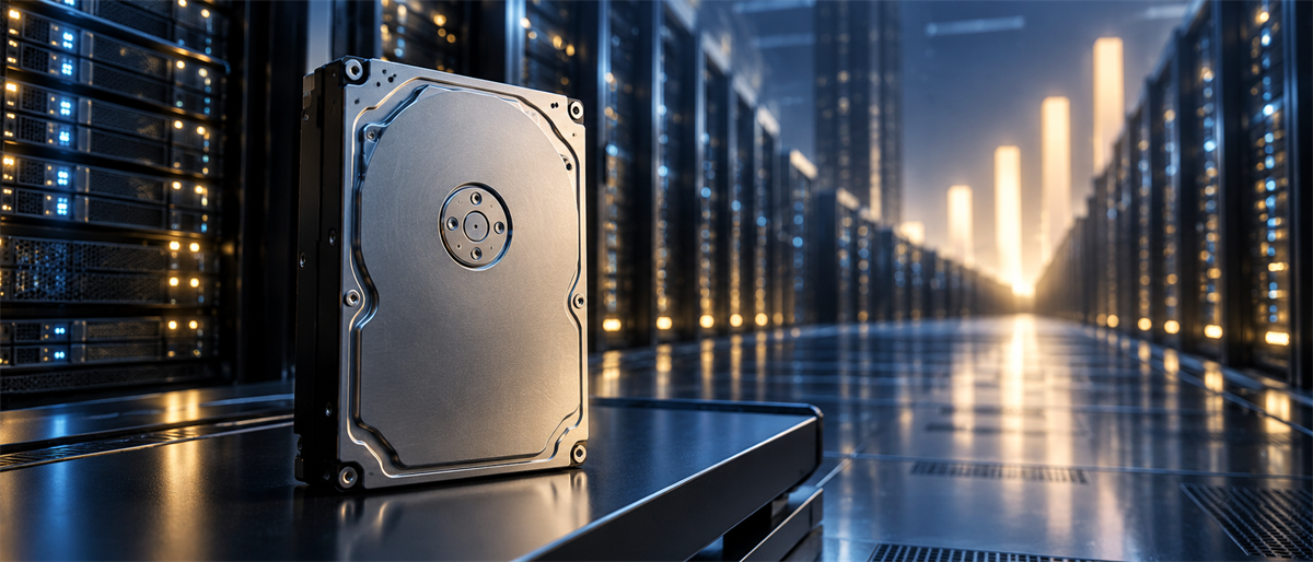 A hard disk drive stands upright on a server rack in a data center aisle lined with illuminated equipment.