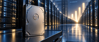 A hard disk drive stands upright on a server rack in a data center aisle lined with illuminated equipment.