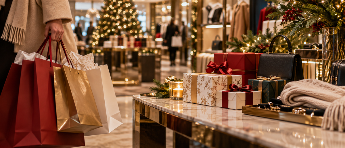 Shopper carrying gift bags in a decorated retail store with wrapped presents and handbags displayed on a counter.