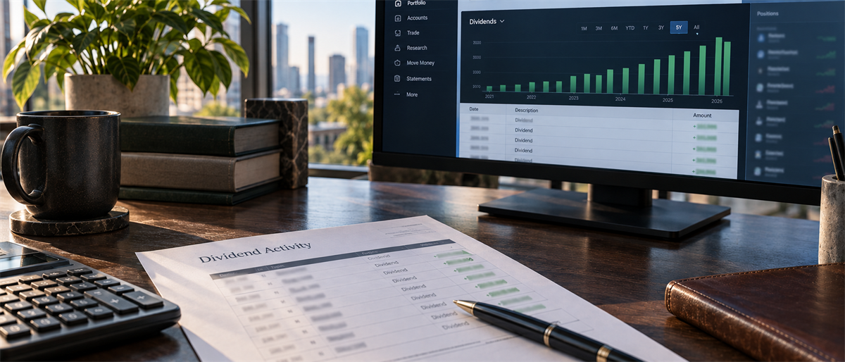 Desk setup showing a computer screen with a dividends bar chart and a printed dividend activity report.