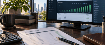 Desk setup showing a computer screen with a dividends bar chart and a printed dividend activity report.