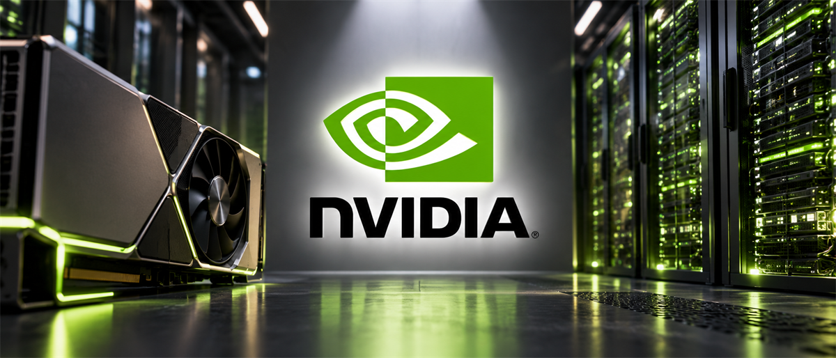 NVIDIA logo illuminated on a wall in a server data center, with a graphics card in the foreground.