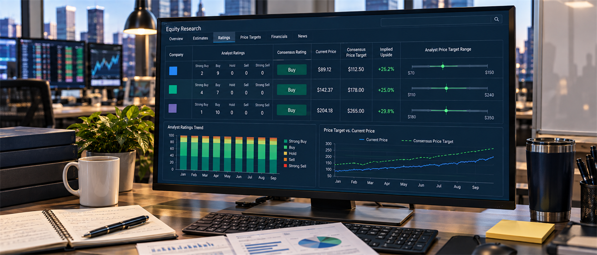 Computer monitor on a desk displaying an equity research dashboard with analyst ratings, price targets, and consensus price target charts.
