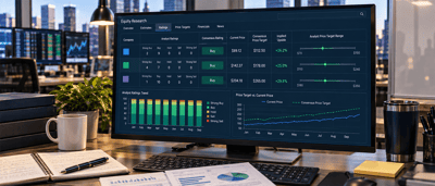 Computer monitor on a desk displaying an equity research dashboard with analyst ratings, price targets, and consensus price target charts.