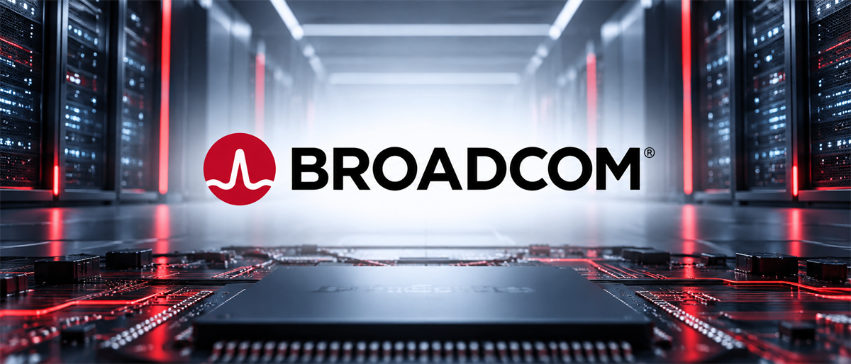 Broadcom logo displayed above a computer chip on a circuit board, with a server room corridor in the background.