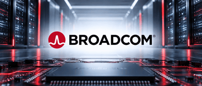 Broadcom logo displayed above a computer chip on a circuit board, with a server room corridor in the background.