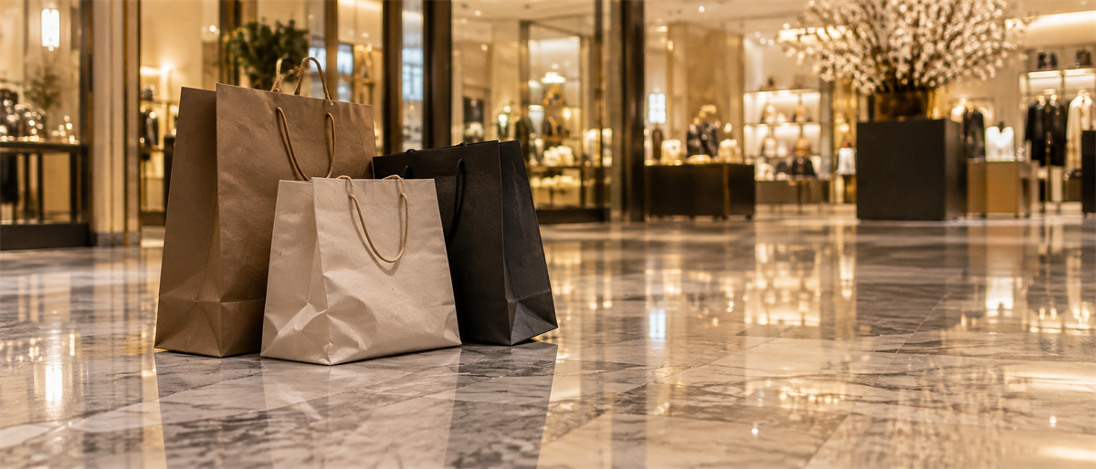 Shopping bags sit on a polished marble floor inside an upscale retail store or shopping mall.