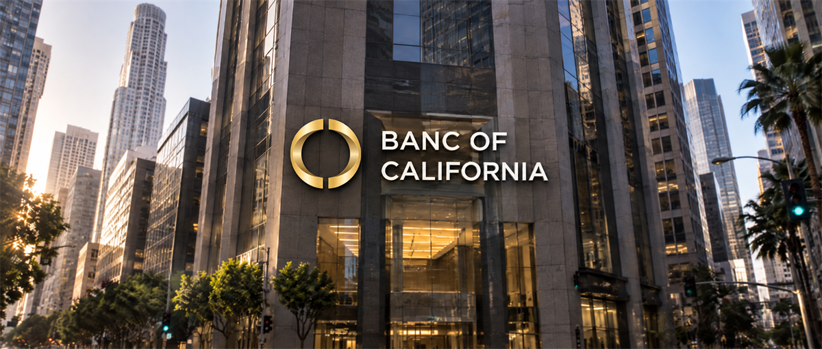 Banc of California logo overlaid on a city street view of a downtown skyscraper with surrounding high-rise buildings.