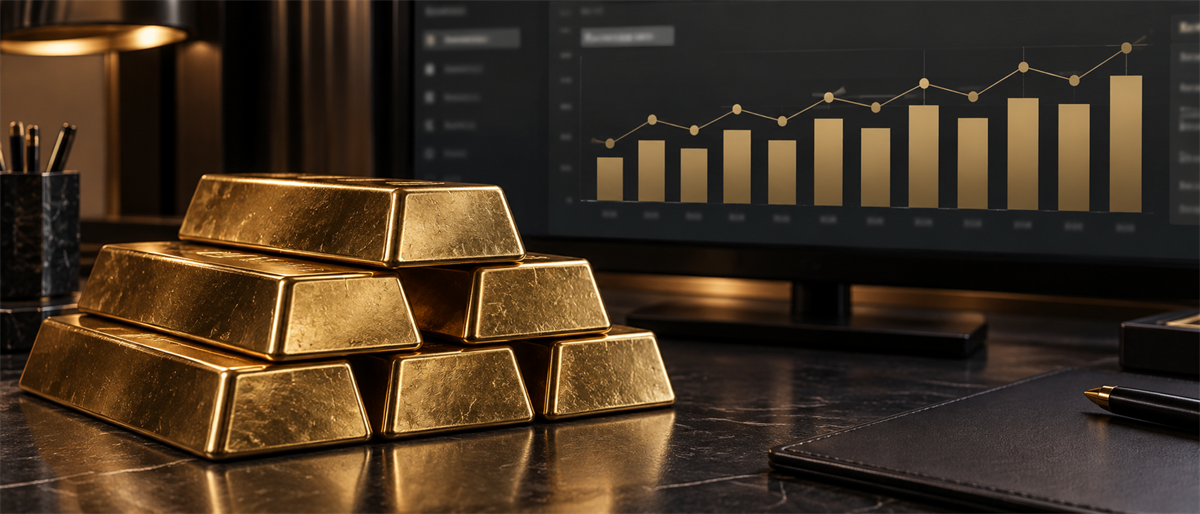 Stacked gold bars on a desk in front of a computer screen displaying an upward-trending bar chart.