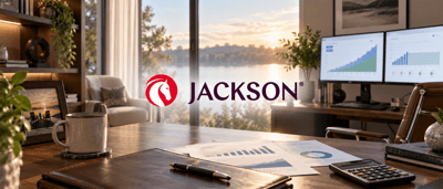 Jackson logo displayed in an office setting with a desk, financial charts, calculator, and dual computer monitors.