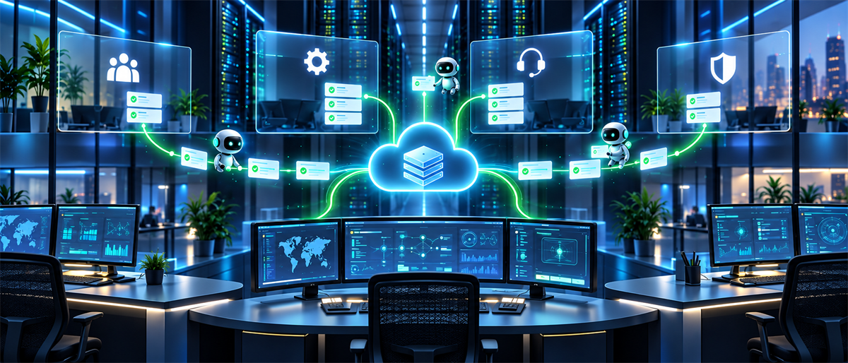 Digital illustration of a data center control room with monitors, cloud icons, and small robots linked by network graphics.