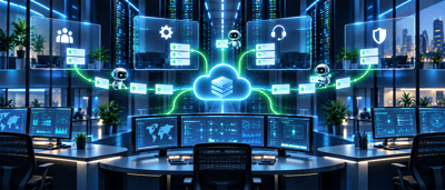 Digital illustration of a data center control room with monitors, cloud icons, and small robots linked by network graphics.