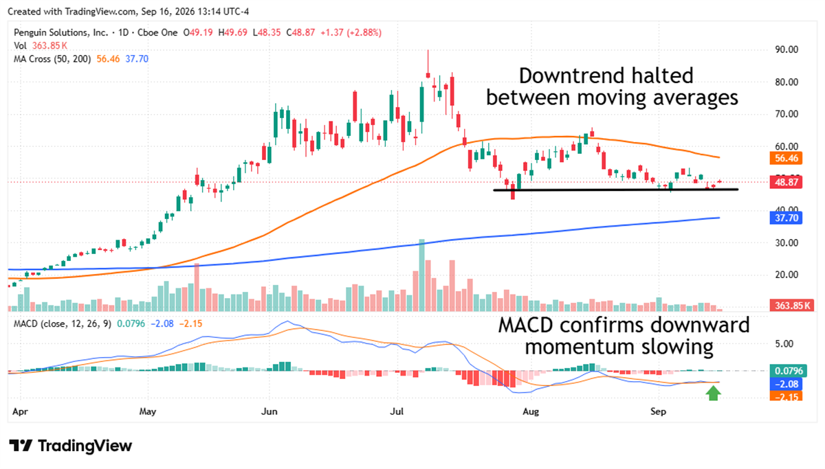 Penguin Solutions stock stabilizes near $49 between moving averages as MACD shows slowing downside momentum.