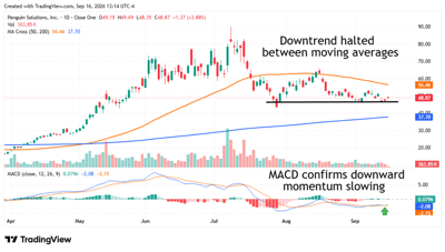Penguin Solutions stock stabilizes near $49 between moving averages as MACD shows slowing downside momentum.