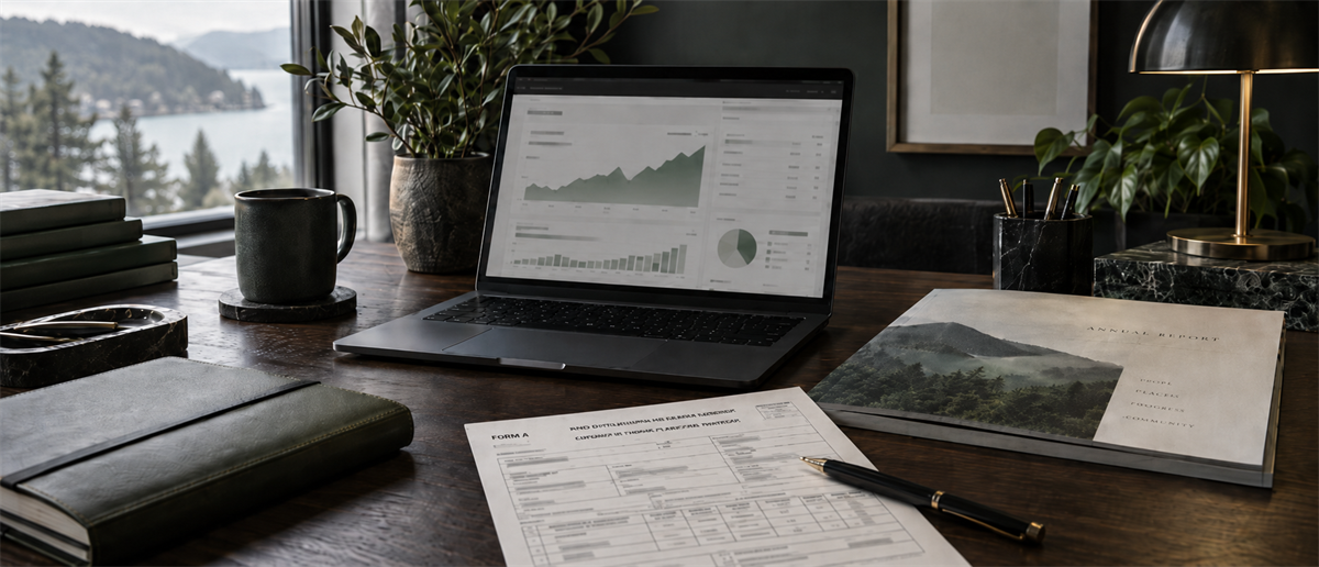 Laptop displaying stock performance charts on a desk with a form, annual report, notebook, and coffee mug.