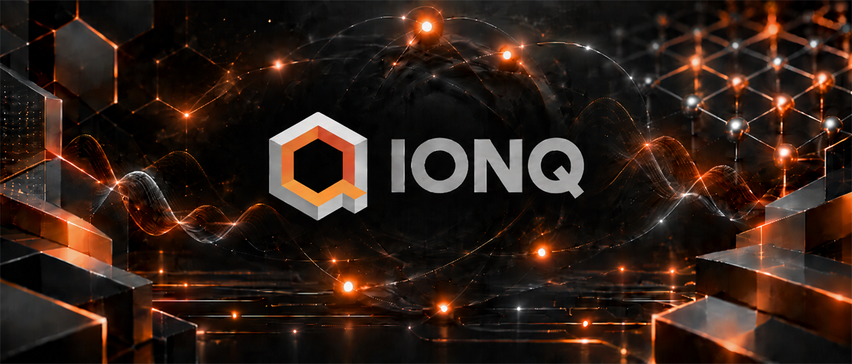 IonQ logo displayed against a dark background with glowing orange network nodes and geometric shapes.