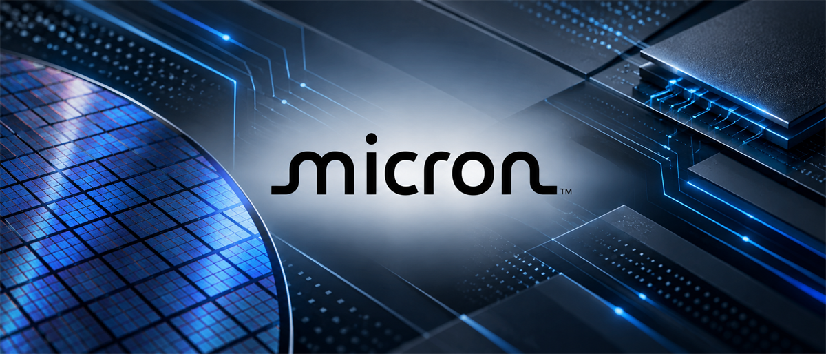 Micron logo displayed over a semiconductor wafer and computer chip circuitry background.