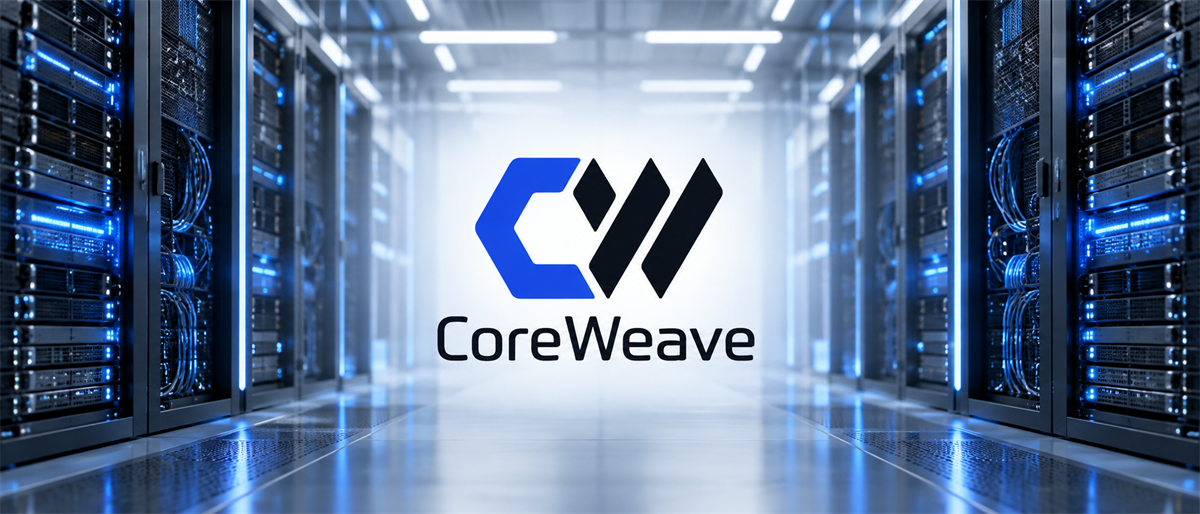 CoreWeave logo displayed in a data center aisle lined with illuminated server racks on both sides.