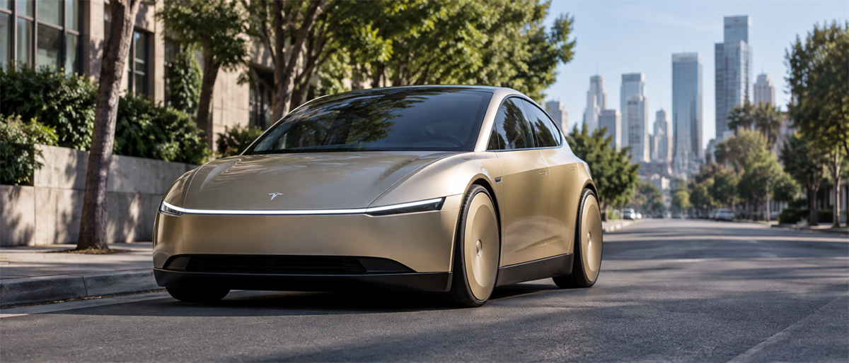 Tesla concept vehicle with a gold exterior parked on a city street with a skyline in the background.