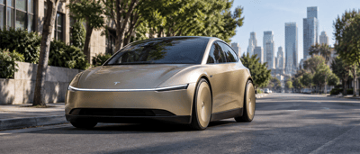 Tesla concept vehicle with a gold exterior parked on a city street with a skyline in the background.