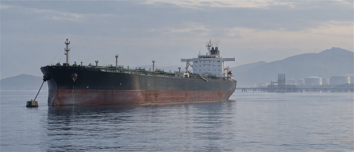 An oil tanker anchored near a port terminal with storage tanks and hills visible in the background.