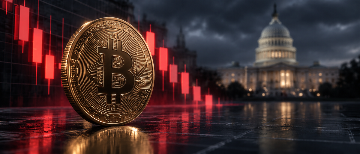 Illustration of a Bitcoin coin with a declining red candlestick chart in front of the U.S. Capitol building at night.
